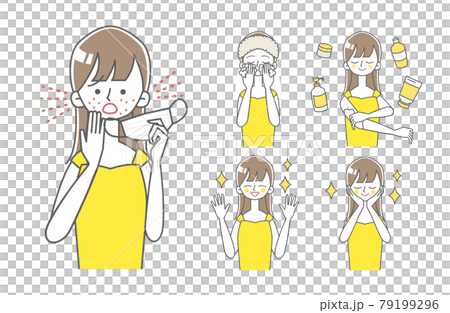 マスクによる肌荒れに困る女性のBEFORE/AFTERイラスト 79199296