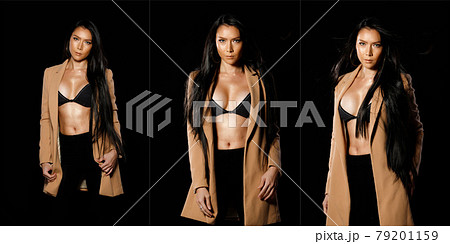 Fashion Beauty Woman has straight black hair express emotion feeling. Portrait of Asian LGBTGIA+ transgender woman wear beige Blazer suit over black background collage 79201159
