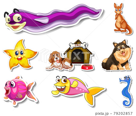 Set of stickers with sea animals and dogs cartoon character Set of stickers with sea animals and dogs cartoon character 79202857