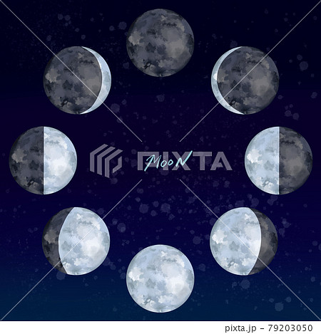 月の満ち欠け 水色のアナログ風の月 背景ありのイラスト素材