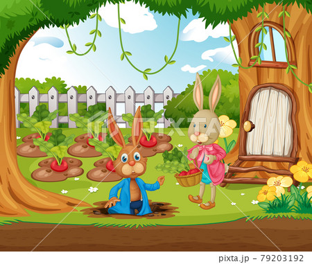Outdoor scene with many happy rabbits in the garden 79203192