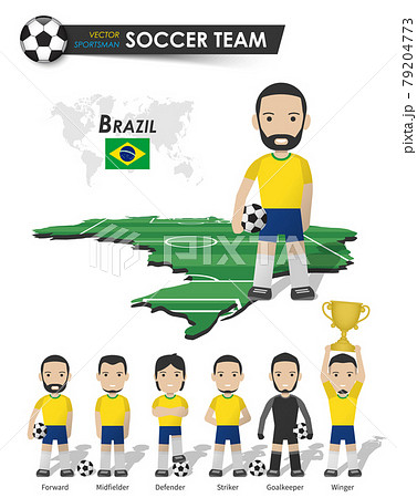 Brazil national soccer cup team . Football player with sports jersey stand on perspective field country map and world map . Set of footballer positions . Cartoon character flat design . Vector . Brazil national soccer cup team . Football player with sports jersey stand on perspective field country map and world map . Set of footballer positions . Cartoon character flat design . Vector . 79204773