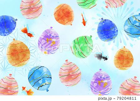 涼しい夏祭りのヨーヨー水風船と金魚の手描き水彩イメージのイラスト