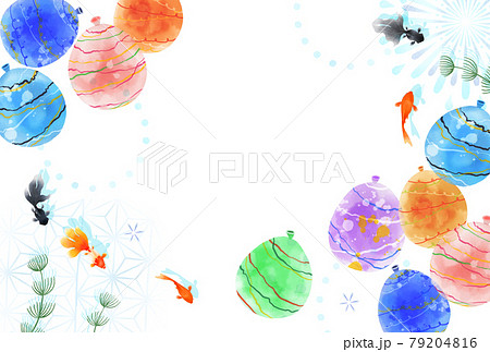涼しい夏祭りのヨーヨー水風船と金魚の手描き水彩イメージのイラスト素材