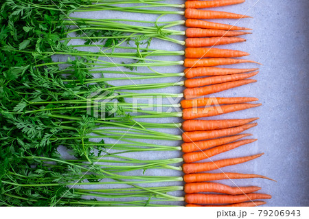 Flat lay composition of fresh carrots with leaves Flat lay composition of fresh carrots with leaves 79206943