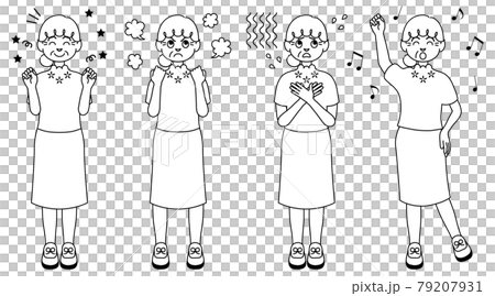 A black-and-white illustration of an old woman who expresses emotions with her whole body A black-and-white illustration of an old woman who expresses emotions with her whole body 79207931