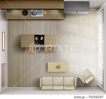 Studio room interior with kitchen top view, 3d 79208287