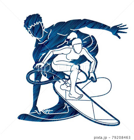 Group of  Surfer Action Surfing Sport Man and Woman Players Cartoon Graphic Vector 79208463