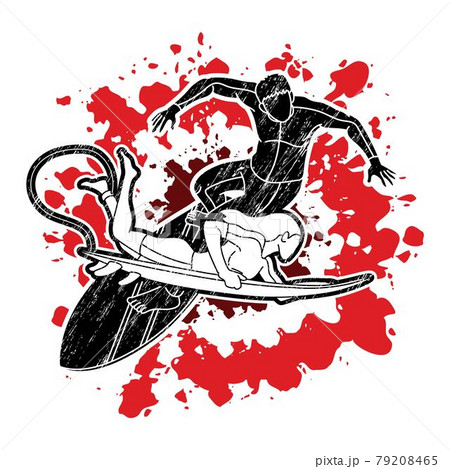 Group of  Surfer Action Surfing Sport Man and Woman Players Cartoon Graphic Vector 79208465