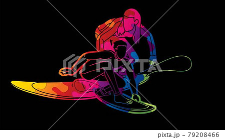 Group of  Surfer Action Surfing Sport Man and Woman Players Cartoon Graphic Vector 79208466