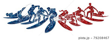 Group of  Surfer Action Surfing Sport Man and Woman Players Cartoon Graphic Vector 79208467