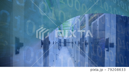 Binary coding data processing over empty computer server room against green technology background 79208633
