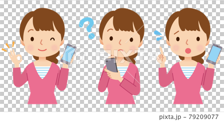A female facial expression set explaining the operation of a smartphone A female facial expression set explaining the operation of a smartphone 79209077