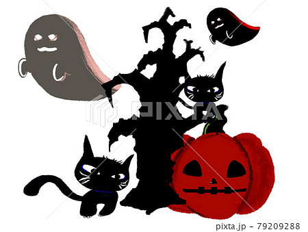 ハロウィン 古い木のまわりに集まるおばけとカボチャと黒猫のイラスト素材 7992