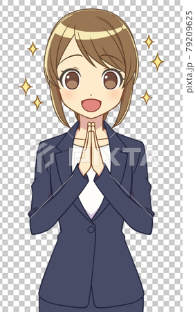 手を合わせて喜ぶスーツの女性のイラスト素材
