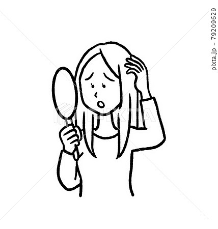 ぺちゃんこ髪 髪のボリュームが少ない女性のイラスト 線画のイラスト素材