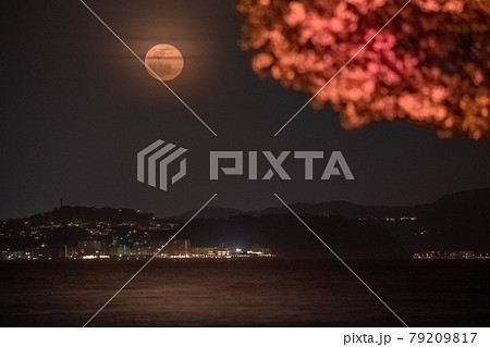 湘南江の島からの満月の出 79209817