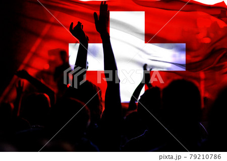 football fans supporting Switzerland - crowd celebrating in stadium with raised hands against Switzerland flag 79210786