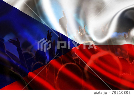 football fans supporting Czech Republic - crowd celebrating in stadium with raised hands against Czech Republic flag football fans supporting Czech Republic - crowd celebrating in stadium with raised hands against Czech Republic flag 79210802