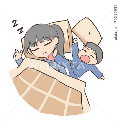 寝相が悪い子供に眠れた母親のイラスト素材