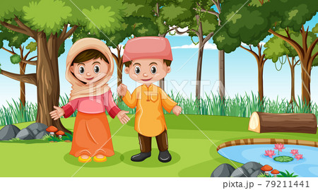 Muslim kids wears traditional clothes in the forest scene 79211441