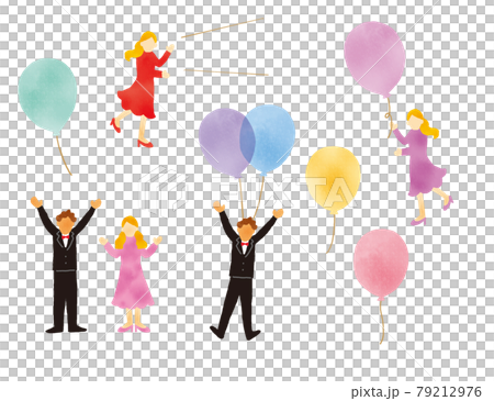 風船とおしゃれな人物のイラストレーションセットのイラスト素材