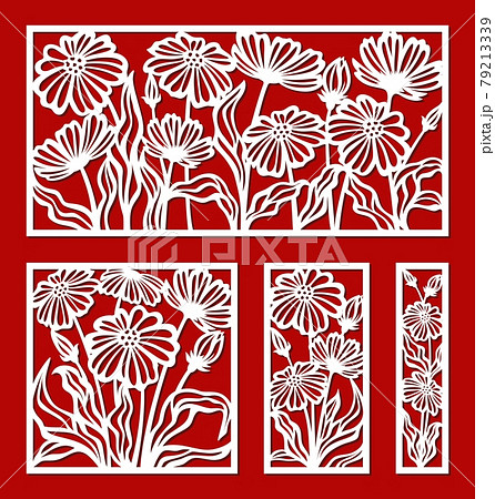 Set of decorative panels with a floral pattern. Square, rectangular frames with chamomile flowers, poppies. Vector template for plotter laser cutting of paper, metal engraving, wood carving, plywood. 79213339