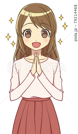 手を合わせて喜ぶ私服の女性 79214468