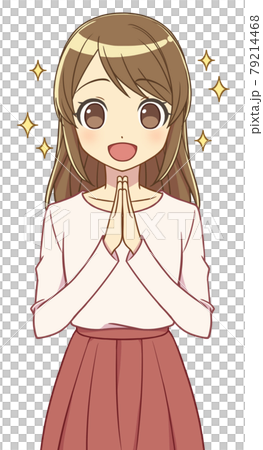 手を合わせて喜ぶ私服の女性 79214468