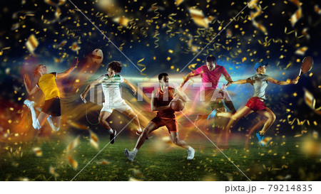 Sportsmen in action. Collage. Volleyball, basketball, tennis, soccer football players over stadium background with festive confetti fireworks. 79214835