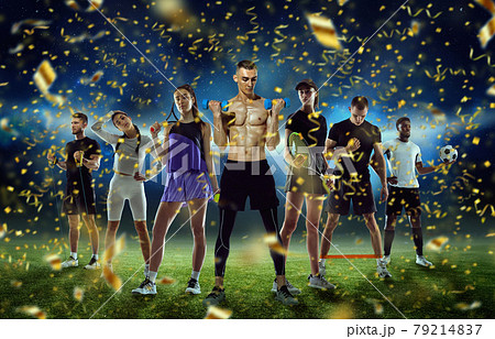 Sport collage. Tennis, fitness, soccer football players on stadium background with festive confetti fireworks. 79214837