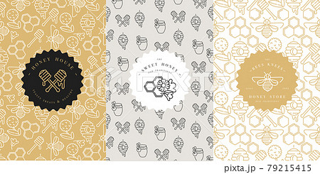 Vector logo, packaging design templates in trendy linear style - natural honey packaging - typography labels and with floral patterns. Flower pattern. Pattern for honey package. Ornamental background. Vector logo, packaging design templates in trendy linear style - natural honey packaging - typography labels and with floral patterns. Flower pattern. Pattern for honey package. Ornamental background. 79215415
