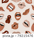Vector illustration female mouths. Different colors lipstick. Seamless pattern with various of mimic, emotions, facial expressions. 79215476