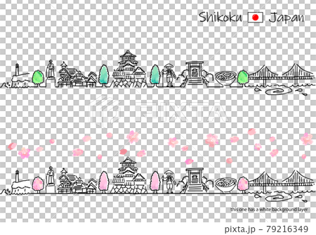 春の四国の街並みのシンプル線画セット 79216349