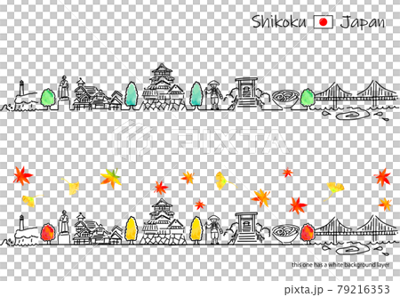 Simple line drawing set of autumn Shikoku cityscape 79216353