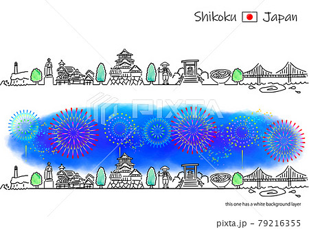 四国の街並みと花火のシンプル線画セット 79216355