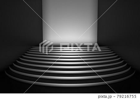 Black round stairs in empty black room in dark, wide angle, front view 79216755