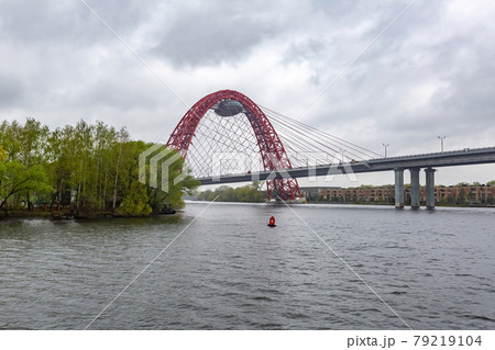 Bright red cable-stayed bridge over the Moskva River, Russia Bright red cable-stayed bridge over the Moskva River, Russia 79219104