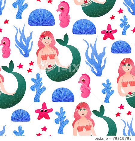 Marmaid anf seahorse seamless pattern for bedding or wrapping paper with colourful seaweeds on white backround 79219795