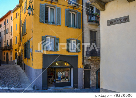 Bergamo/Italy - July 15, 2016: Street with shops in Bergamo, Upper City, famous tourist destination in Lombardy, Italy. Bergamo/Italy - July 15, 2016: Street with shops in Bergamo, Upper City, famous tourist destination in Lombardy, Italy. 79220000