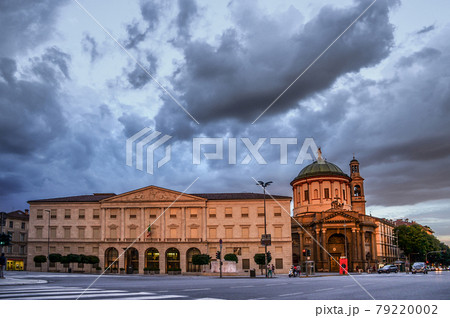 Large street and beautiful buildings in Bergamo, Lower City, famous tourist destination in Lombardy, Italy. 79220002
