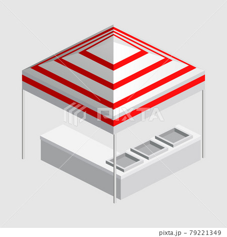 Isometric market stall, tent. Street awning canopy kiosk, counter, white red strings for fair, street food, market, grocery goods. Vector isolated Isometric market stall, tent. Street awning canopy kiosk, counter, white red strings for fair, street food, market, grocery goods. Vector isolated 79221349