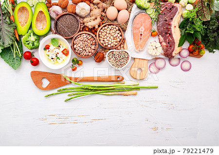Ketogenic low carbs diet concept. Ingredients for healthy foods selection set up on white wooden background. 79221479