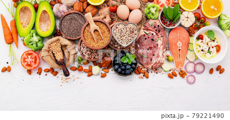 Ketogenic low carbs diet concept. Ingredients for healthy foods selection set up on white wooden background. 79221490