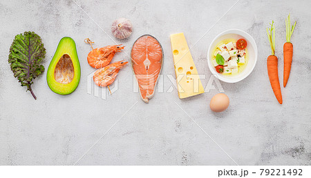 Ketogenic low carbs diet concept. Ingredients for healthy foods selection set up on white concrete background. 79221492