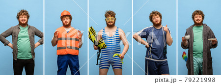 Collage of five photos of young caucasian man in different images isolated on blue studio background Collage of five photos of young caucasian man in different images isolated on blue studio background 79221998