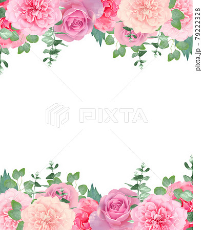 可憐で美しいピンク系の薔薇の花と植物の白バックフレームイラストベクター素材のイラスト素材