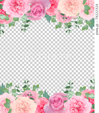 可憐で美しいピンク系の薔薇の花と植物の白バックフレームイラストベクター素材のイラスト素材