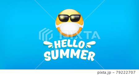 Hello summer concept with yellow Emoji sticker with mouth medical protection mask and sunglasses isolated on blue horizontal banner background. Vector hello summer poster or flyer with emoji Hello summer concept with yellow Emoji sticker with mouth medical protection mask and sunglasses isolated on blue horizontal banner background. Vector hello summer poster or flyer with emoji 79222707