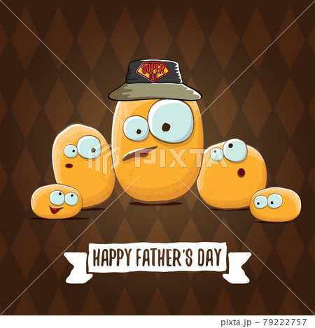 happy fathers day greeting card with cartoon father potato and kids . fathers day vector label or icon isolated on brown happy fathers day greeting card with cartoon father potato and kids . fathers day vector label or icon isolated on brown 79222757